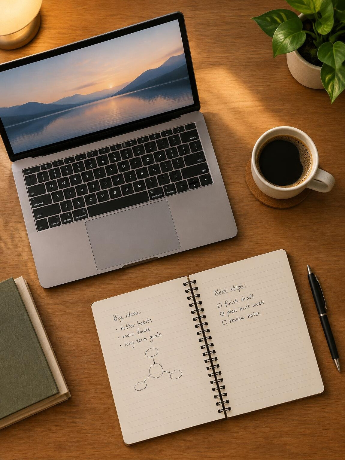 Laptop and notebook on a desk seen from above